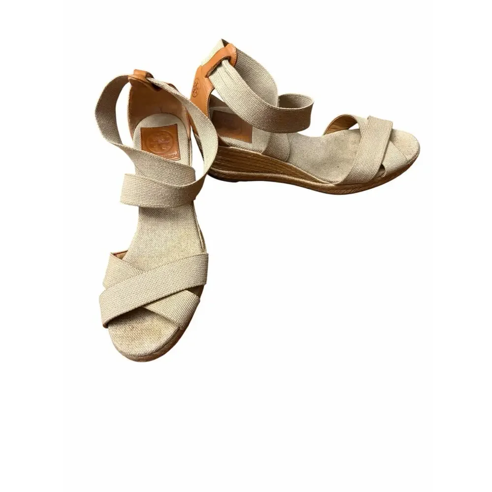 Tory Burch Adonis Beige Canvas Espadrille Wedge Sandals Sz 8.5